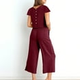 thumbnail image 4 of Jerdar Women Summer 2 Piece Lounge Matching Sets Solid Outfits Linen Round Neck Short Sleeve Tops Long Pants Tracksuits Suit Wine S, 4 of 4