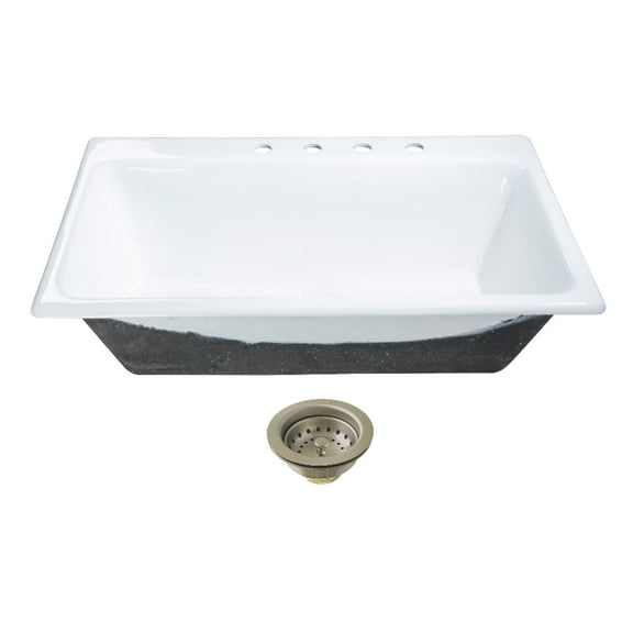 Kingston Brass KGCKTS3622118 Towne 36-Inch Cast Iron Self-Rimming Single Bowl Drop-In Kitchen Sink (4-Hole) with Strainer in White/Brushed Nickel