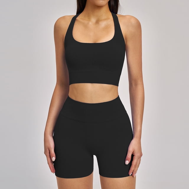 Top-kevin Women 2 Piece Workout Sets High Waisted Tummy Control Biker Shorts Halter Padded Tank Tops