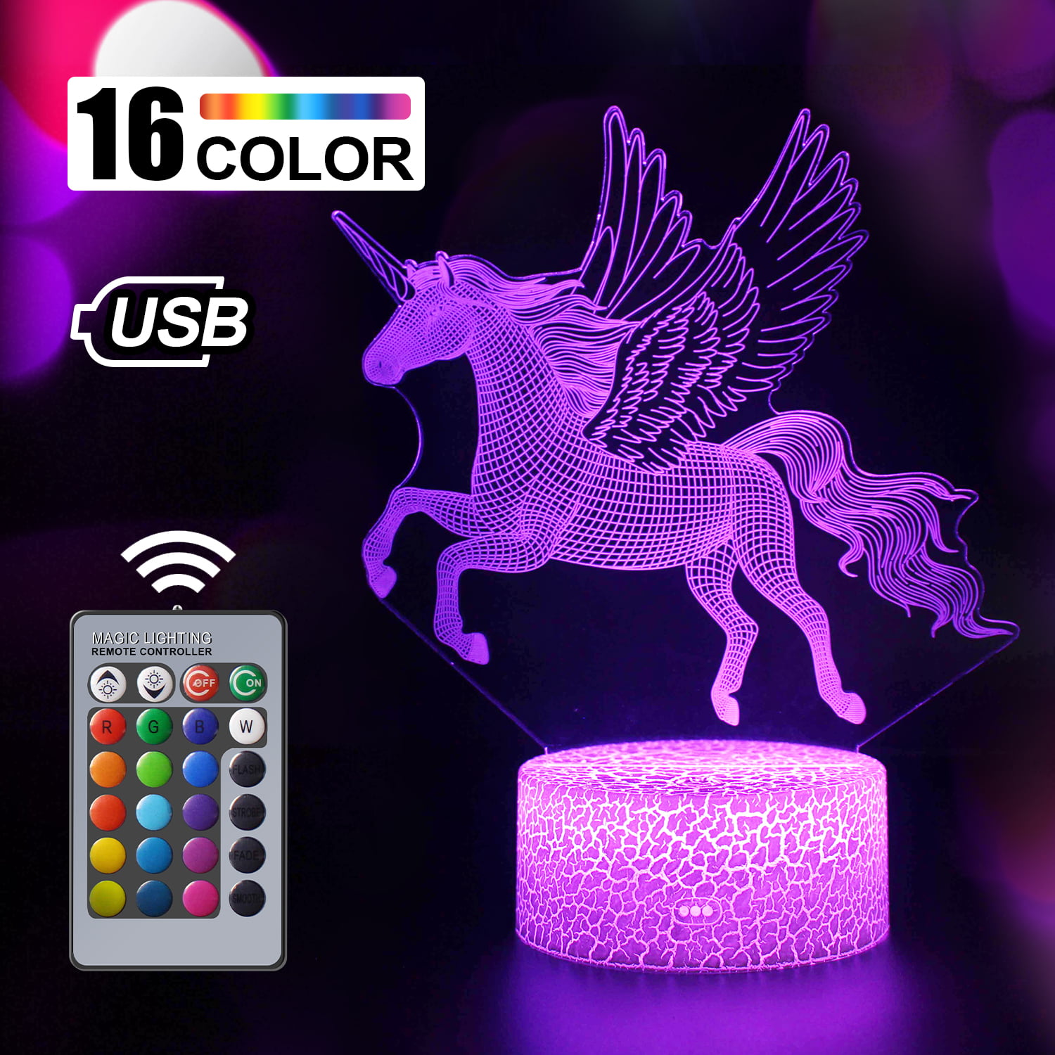 USB Unicorn Night Lights Remote Touch 3D LED Optical Illusion Lamp for Kids Gift 