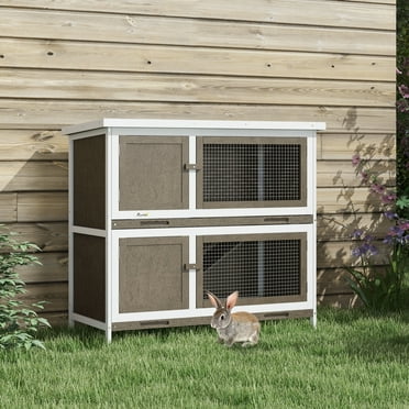 PawHut Wooden Bunny Hutch with Ramp, Indoor/Outdoor, Brown