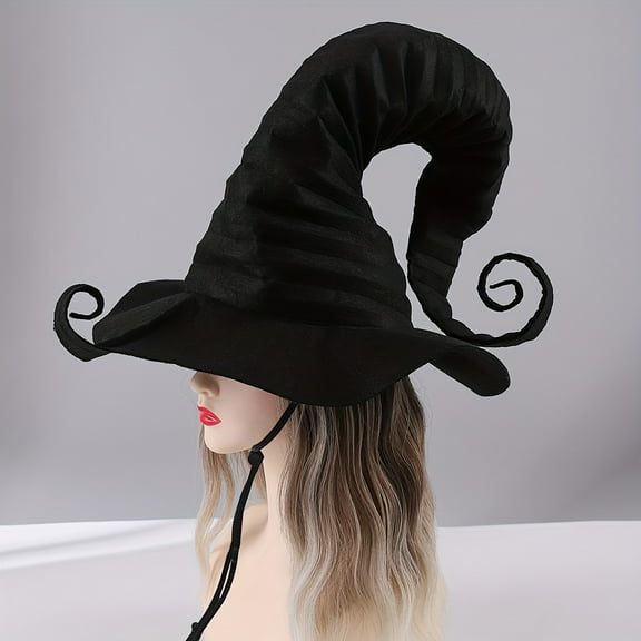 Women's Fantasy Dress Hat - Large Ruffled Black Witch Hat with Pointed Brim and Swirl Design, Premium Fabric Costume Accessory for Halloween, Christmas, Mardi Gras,, New Year Party Decorations