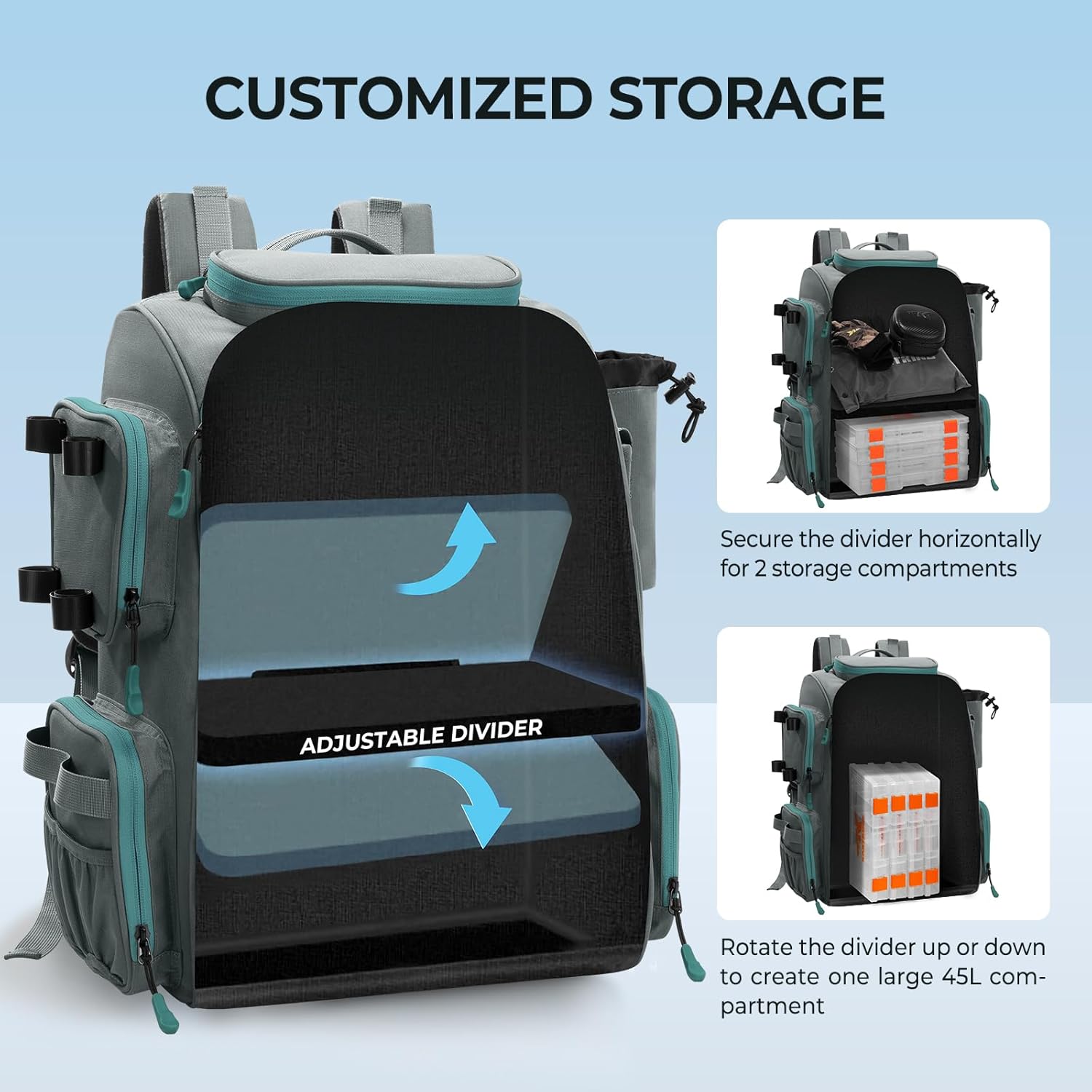 KastKing Fishing Tackle Backpack with Rod Holders-4 Tackle Boxes-Rain Cover,45L Large Storage for Fishing Gear-Bait Boss