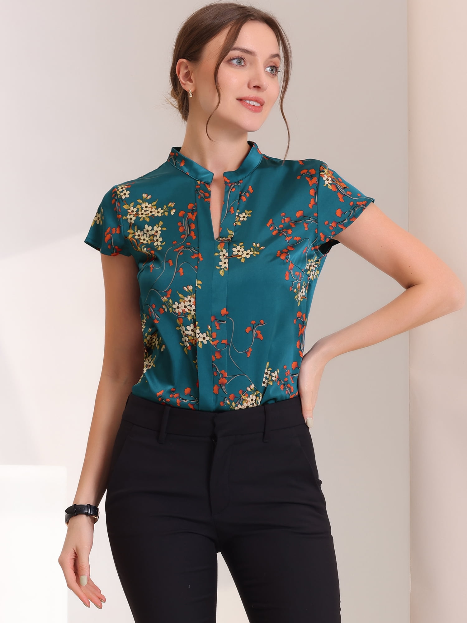 DARING DIVA Stand Collar Floral Silky Work Blouse Top Navy Blue XS M Navy Blue-Floral