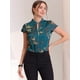 thumbnail image 3 of Blusa de satén para mujer Blusa de trabajo sedosa floral con cuello alto Azul marino S, 3 of 6