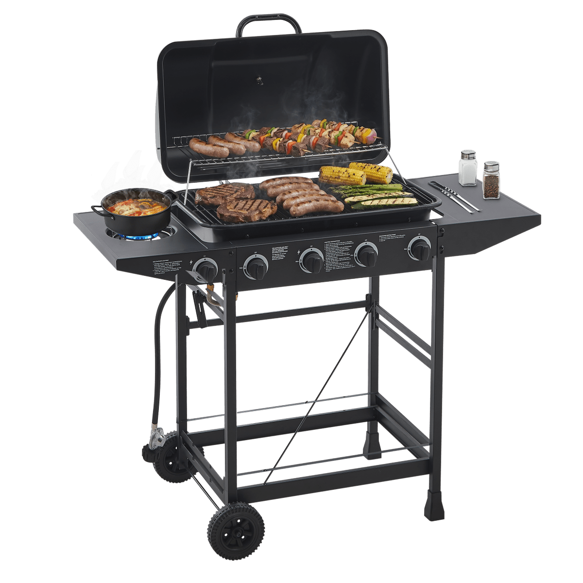 4 Burner BBQ Propane Gas Grill with Side Burner 42000 BTU Output Stainless Steel Barbecue Grill with Enamel Coated Grates and Side Tables for Outdoor Cooking Kitchen and Patio Backyard