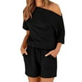 thumbnail image 2 of Off Shoulder Rompers for Women Casual Tie Elastic Waist Short Jumpsuit with Pocket Half Sleeve Wide Leg Comfy Outfits, Black, M, 2 of 7