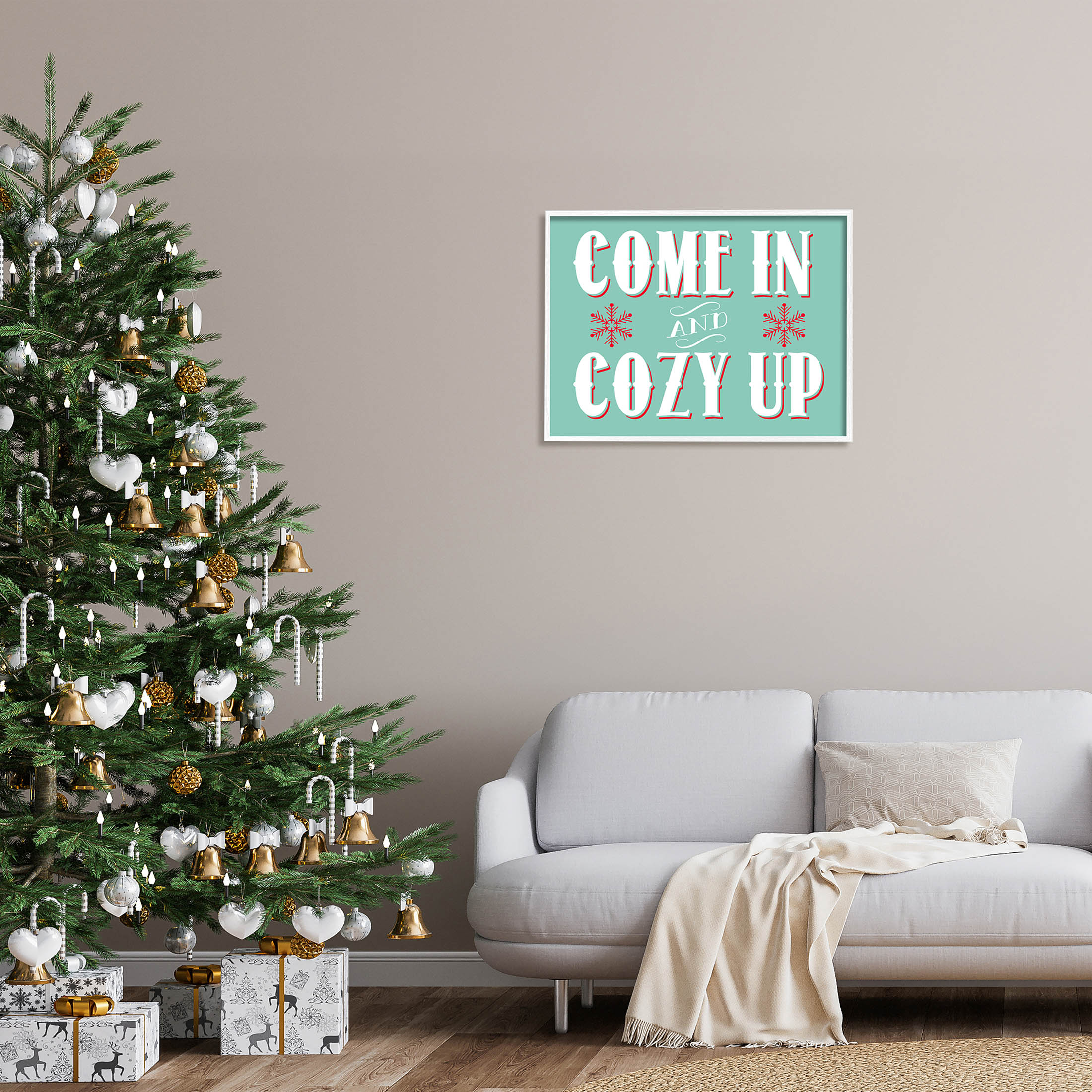 Come In & Cozy Up Snowflake Phrase Holiday Graphic Art White Framed Art Print Wall Art