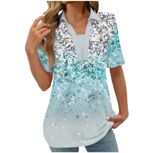 Tops Cortos para las Mujeres Blusas Impresas Manga Corta Turndown Collar Camiseta, Tops de Blusa para las Mujeres Casual