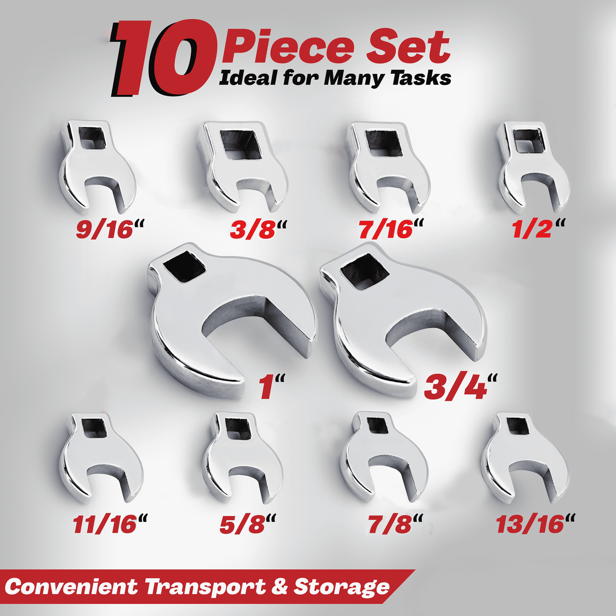 Crows Foot Wrench Set (SAE/Inch) Easily Access Hard-To-Reach Areas, Ideal for Tight Spaces, Great for Automotive Repair Work - Includes Sizes: From 3/8" to 1 Inch - 10-Piece Kit With Clip-on Organizer