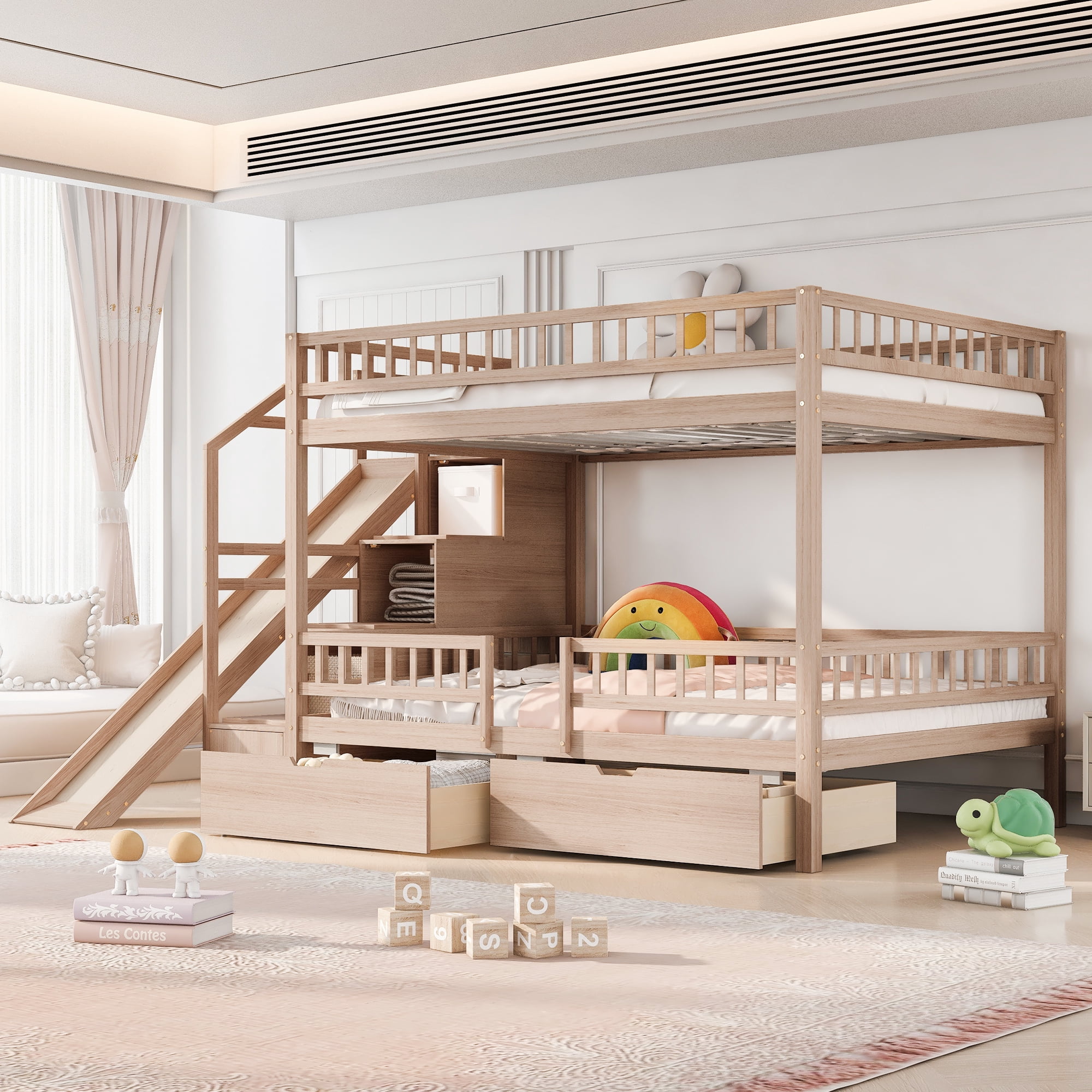 Euroco Wood Full over Full Bunk Bed with Drawers and Storage Staircase, Solid Bed with Slide, No Box Spring Needed, Walnut