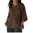 thumbnail image 2 of Brown Women's Long Sleeve T-shirt, Linen Shirts For Women Plus Size 3/4 Length Sleeve Tops Casual Loose Fit Round Neck Tees 2025 Summer Fashion Blouse,Women's Long sleeve T-shirt XXL, 2 of 4
