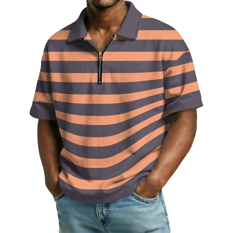 Mens Polo Shirts Casual Quarter-Zip Striped Golf Shirt Regular Fit