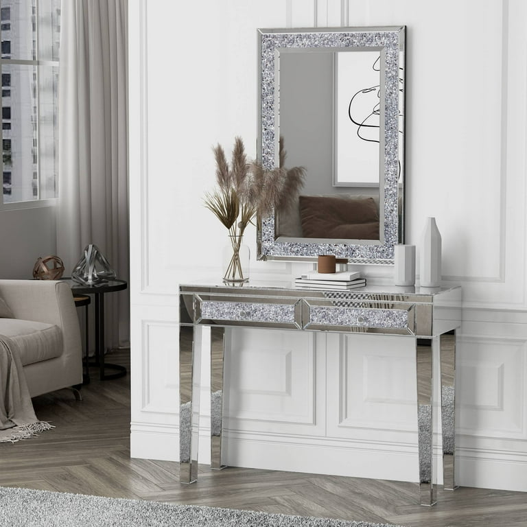 glitter dressing table Mirrored Vanity Dresser with Drawers for Bedroom, Silver Make Up Table Inlay with Crushed Crystals