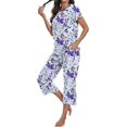thumbnail image 2 of Aiyino Womens Pyjama Sets Floral Print Short Sleeve Round Neck Sleepwear Top and Pants 2 Piece Lounge Wear Sets with Pockets,L Blue Purple Flower, 2 of 9