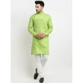thumbnail image 1 of eloria Men's Traditional Solid Green Yoke Cotton Blend Thread Work Kurta Pyjama set, 1 of 7