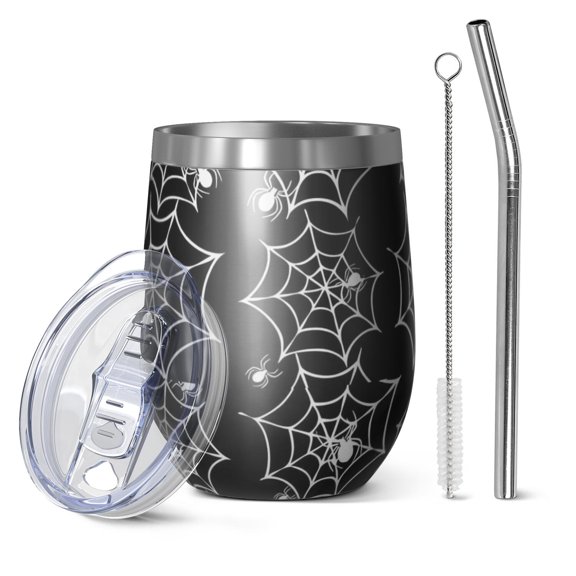 12oz Stemless Wine Tumblers Halloween Spider Webs and Spiders Vacuum Insulated Stainless Steel Travel Tumbler Cups Mug with Lid and Straw for Champaign,Cocktail,Beer with Cleaning Brush