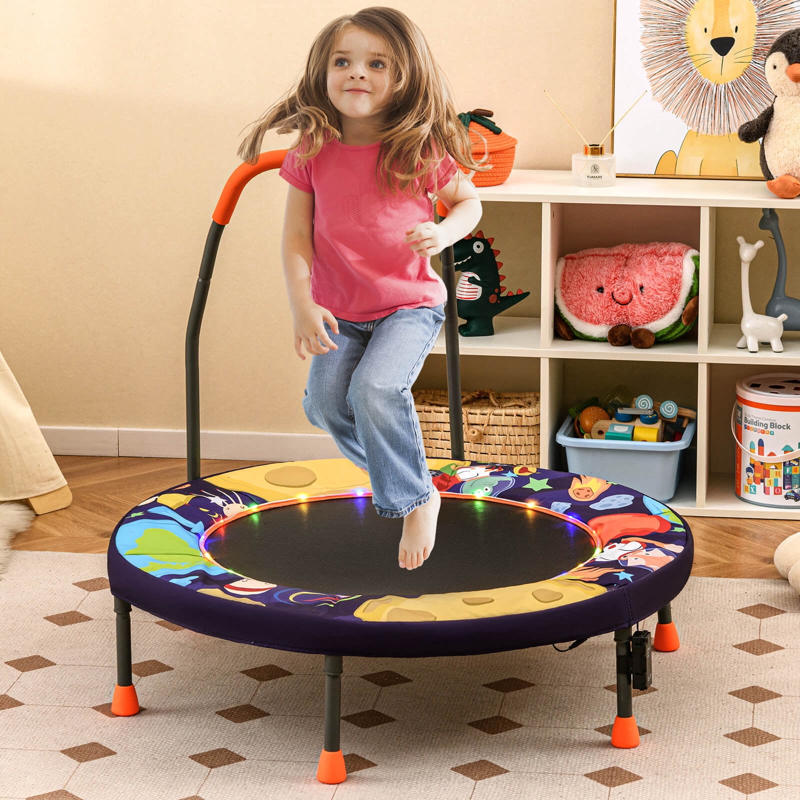 Infans 36" Foldable Kid Trampoline w/ 20 LED Lights Foam Handlebar Padded Safety Cover