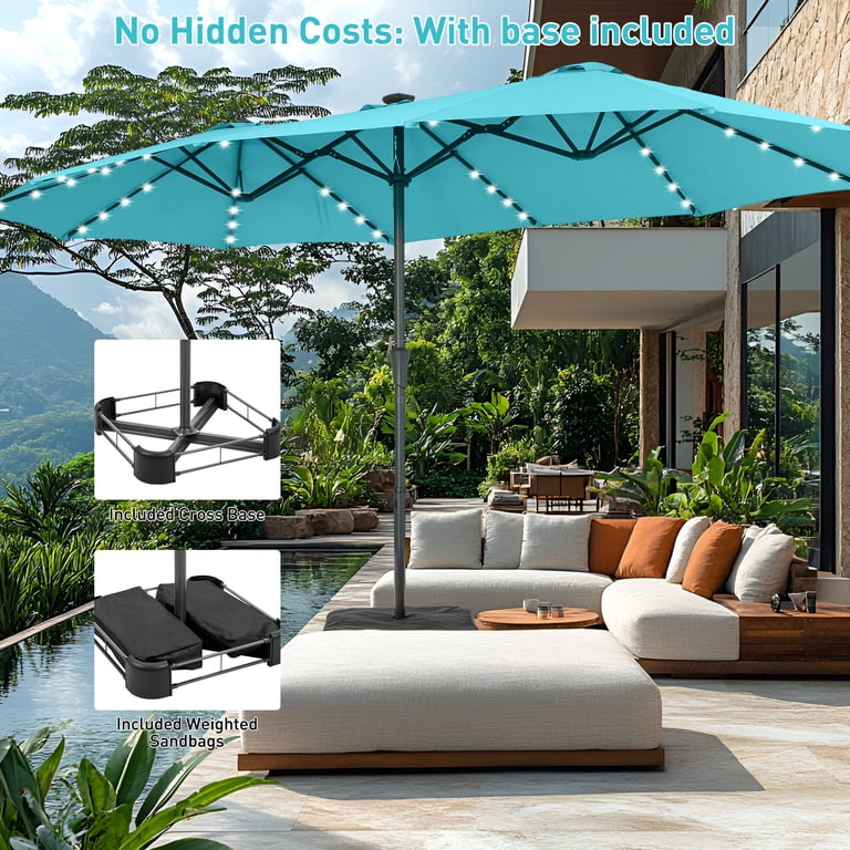 Autlaycil 15ft Rectangle Patio Umbrella with 48 Solar Lights, Blue photo 3
