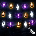 thumbnail image 1 of Luces de cadena de Halloween con pilas LED 3D luces fantasma de murciélago de calabaza con temporizador - 8 modos de luz Luces de decoración de Halloween para interiores, 1 of 3