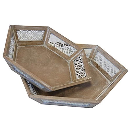 Admired by Nature ABN5E129-NTRL White & Natural Wood Tone Hexagon Decorative Tray - Set of 2