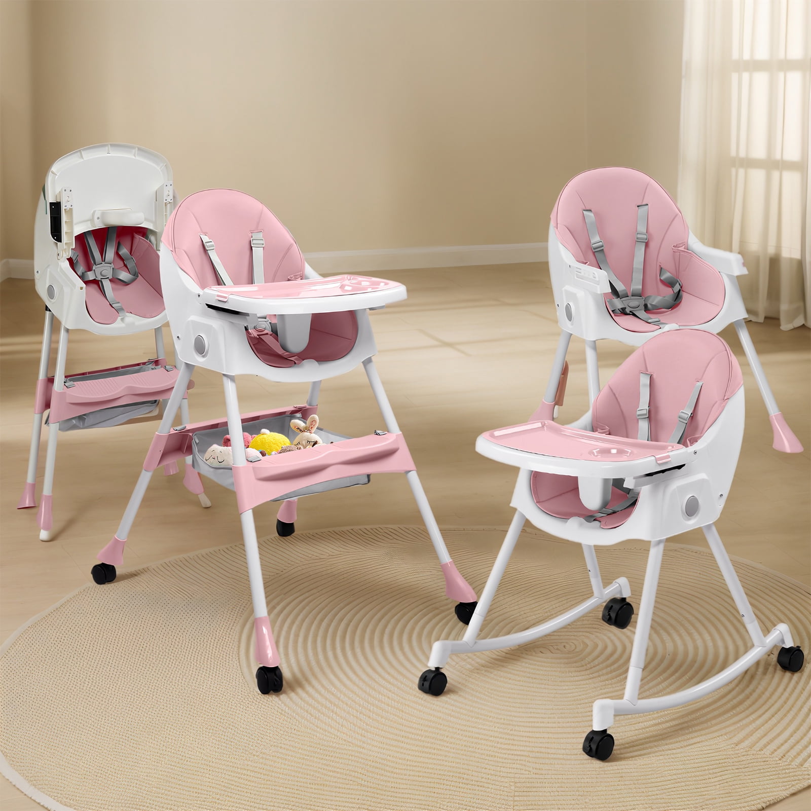 Ktaxon Baby High Chair, Convertible 6 in 1 High Chairs for Babies and Toddlers, Foldable Baby Highchair with 5-Point Safety Harness, Adjustable Dining Tray, Backrest & Height, Pink