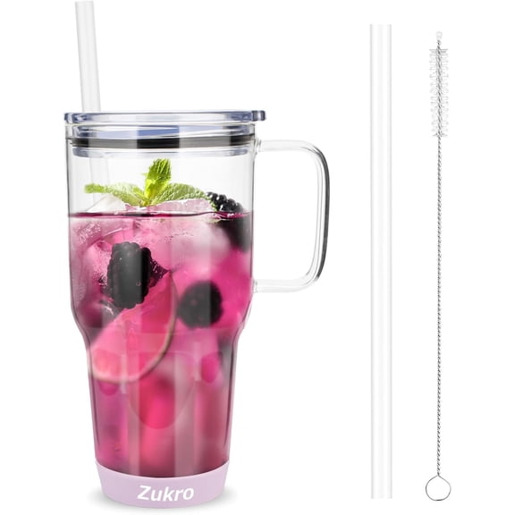 32 oz Borosilicate Glass Tumbler with Handle, Iced Coffee Cup, Reusable, Dishwasher Safe, BPA Free, Lilac