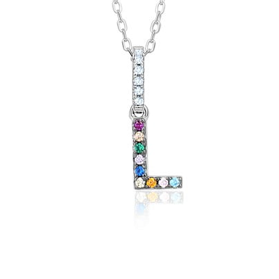 Collier Pendentif Initiale en Argent Sterling pour Filles Multicolore Arc-en-Ciel Pierres Précieuses Simulées Lettre L