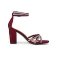 thumbnail image 3 of BLISSFUL STEP Women's Shoes Rhinestone Crisscross Strappy Block Heel Faux Suede Ankle Buckle Sandals Burgundy 8, 3 of 7