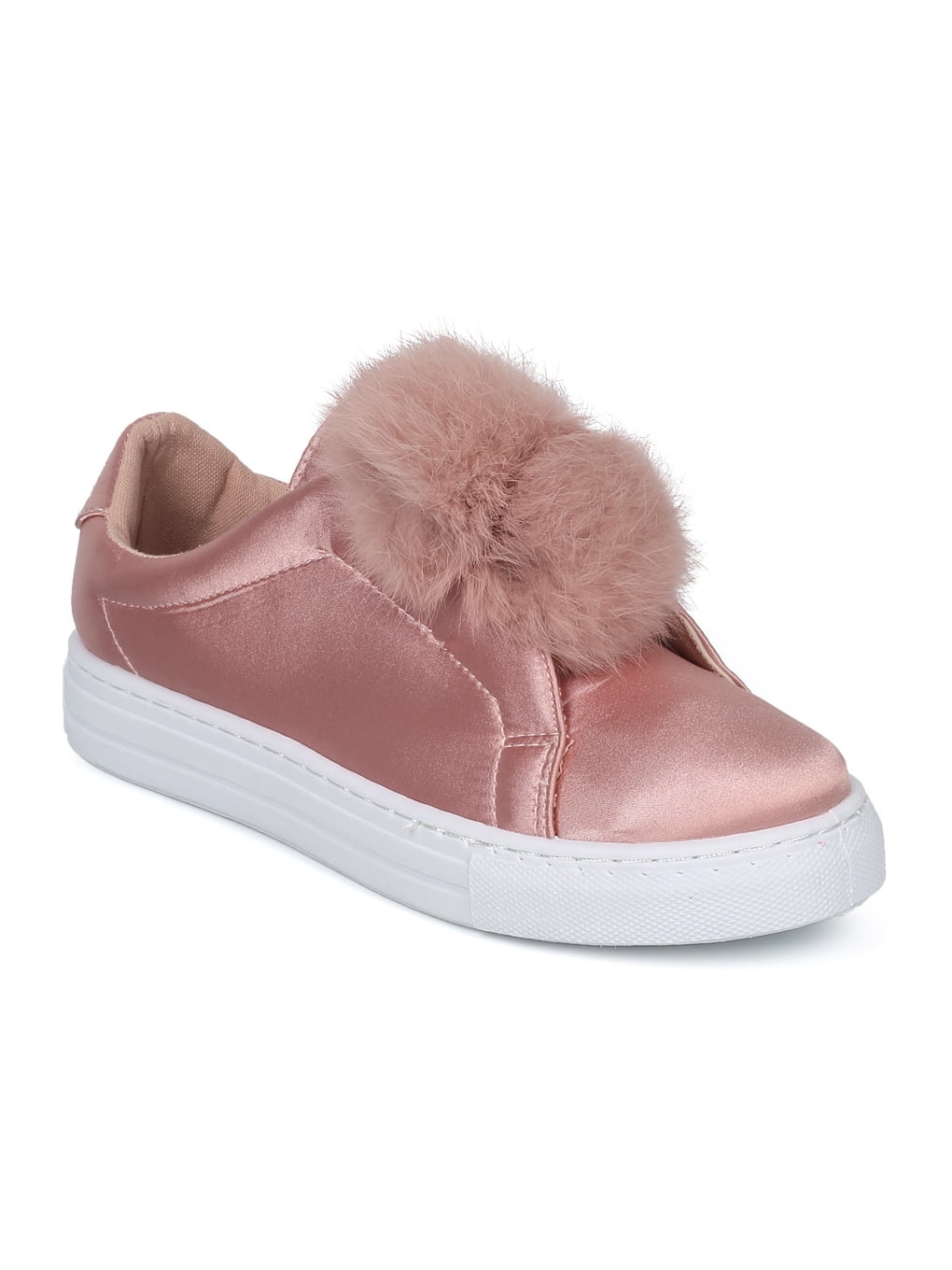 New Women Qupid Reba94C Mixed Media Pom Pom Slip On Low Top Sneaker