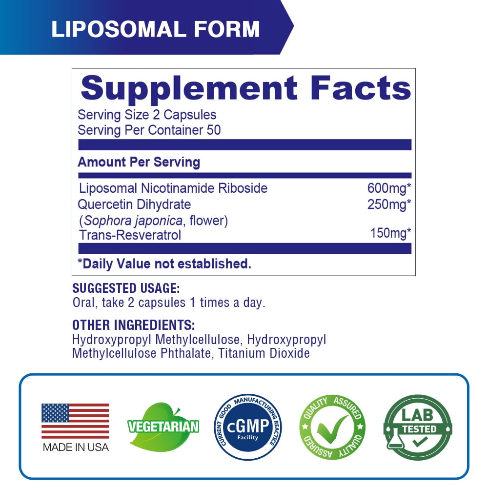 Lovita Liposomal NR (Nicotinamide Riboside) 1000 mg with Quercetin & Trans-Resveratrol, Support Cellular Health and Healthy Aging, 100 Vegan Enteric-Coated Capsules