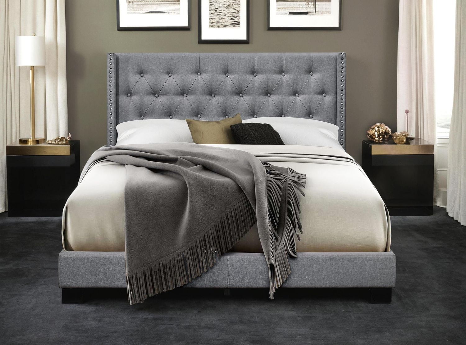 Lit King size en tissu de lin coloré Jomar K-Living ! LE SOMMIER À SOMMIER N'EST PAS NÉCESSAIRE !