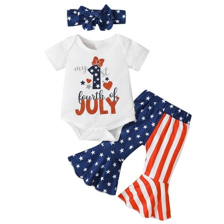 

Toddler Girls Short Sleeve Independence Day 4th Of July Letter Printed Romper Bodysuits Bell Bottoms Pants Headbands Outfits Kids Child Clothing Streetwear Dailywear Outwear