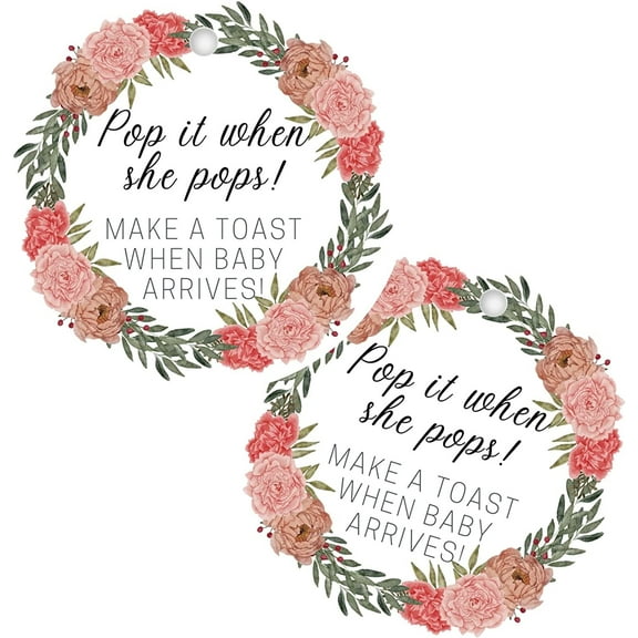 Pop It When She Pops Champagne Tag  30 Pack  2.5" inch Circle Tag with Pre-Cut Hole  Baby Shower Party Favor Tag  Boho Flower Blush Wreath Design for Baby Shower Party Favor
