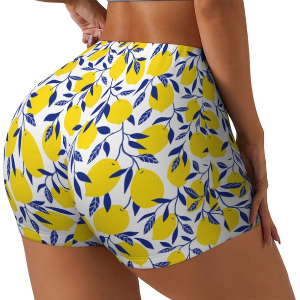 Fotbe Tropical Lemon Shorts Sin Costuras – Shorts Deportivos de Cintura Alta para Mujer, Elásticos para Gimnasio, Yoga, Running o Ciclismo-X-Large