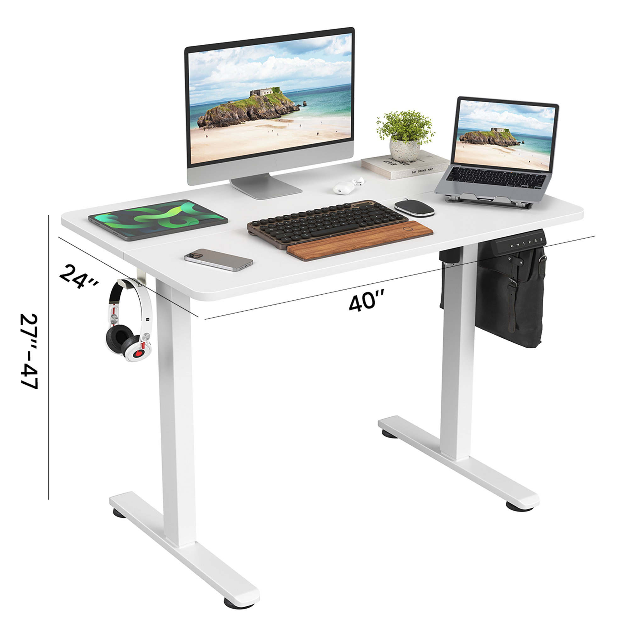 MAYEERTY 40×24" Electric Height-Adjustable Desk, Sit Stand Desk with Side Hooks for Home & Office, White