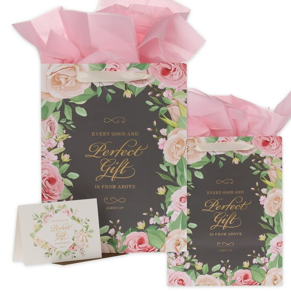 Pink Floral Gift Bag w/ Card & Tissue Paper: Every Good Gift - James 1:17, Large