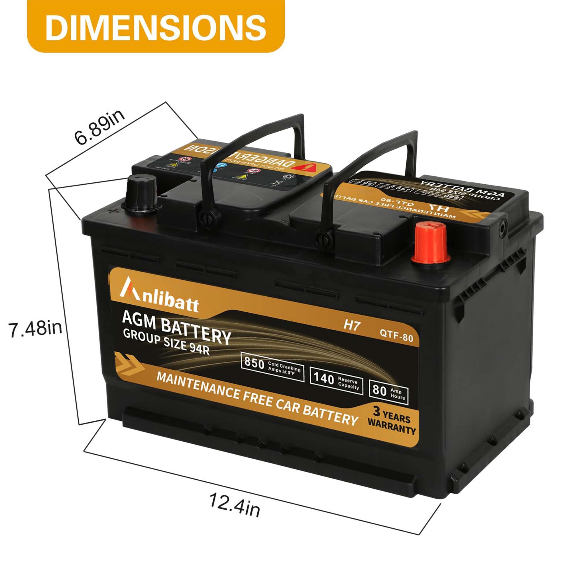 Anlibatt Car AGM Battery Group Size 94R H7 Start Stop Battery 12V 80Ah 850CCA Maintenance Free Rechargeable
