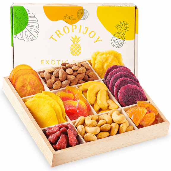 TropiJoy Fruit Basket Gift Set - 10 Tropical Flavors - Gourmet Dried Fruit Gift Basket - Valentines Day Dried Fruit Tray Food Gift Sets - Fruit Baskets Gifts Real Fruit - Fruit Baskets for Delivery