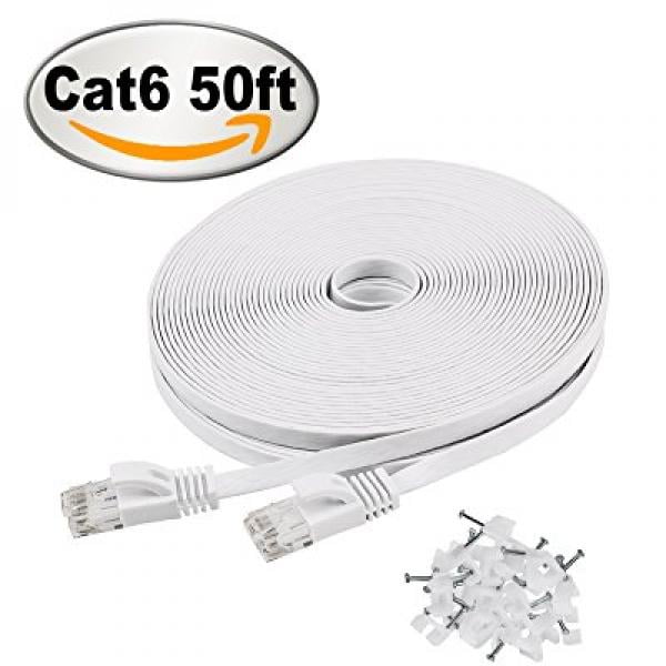 Cat6 Ethernet Cable 50 ft Black Gigabit Flat Network LAN Cable with 25 pcs Cable Clips Snagless Rj45 Connectors for Computer/Modem/Router/X-Box Faster Than Cat5e/Cat5 XINCA