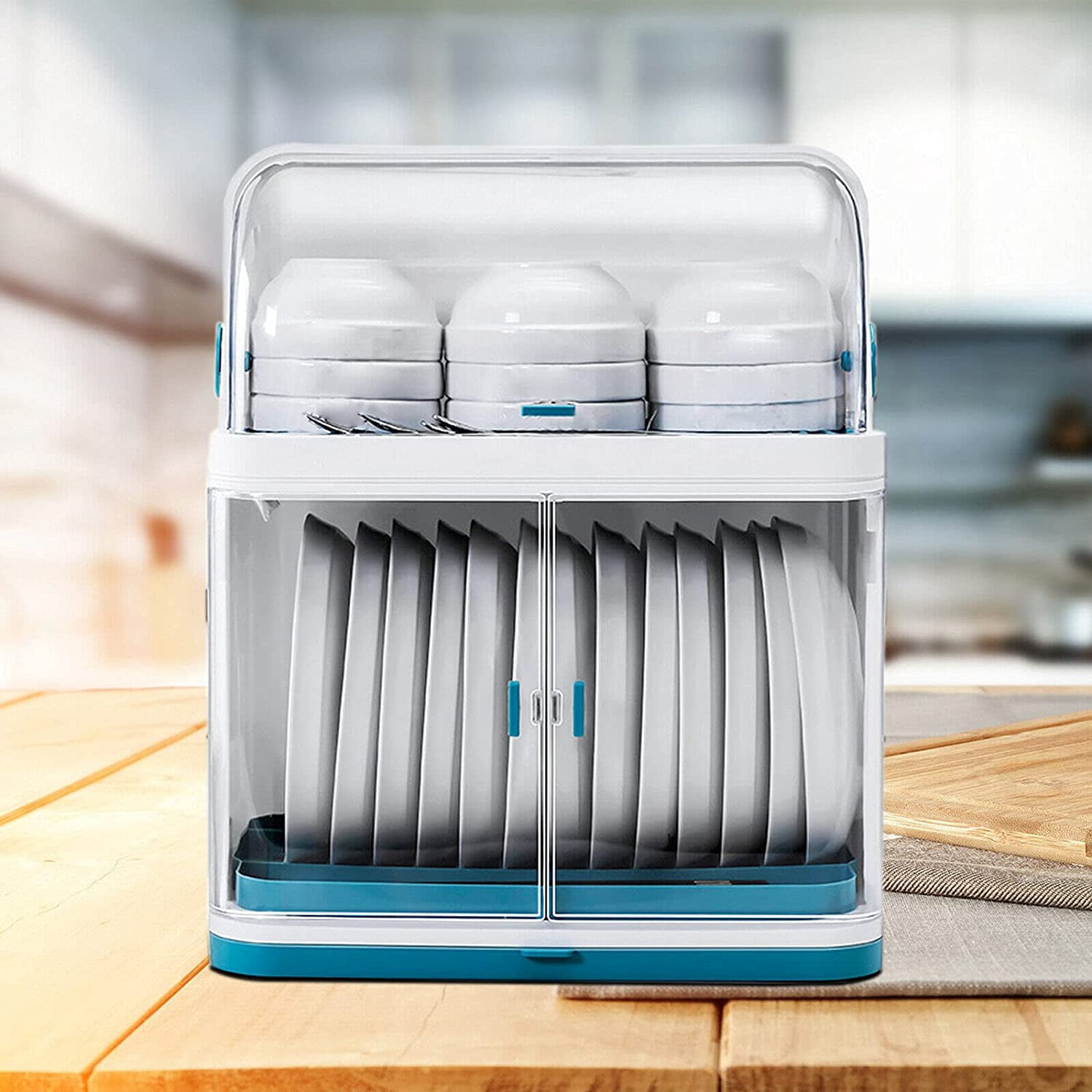 FETCOI Dish Drying Rack with Transparancy Shield Modern Dish Organizer Dust-Proof Kitchen Utility Storage Drainer Box with Detachable Drip Tray for Kitchen Counter