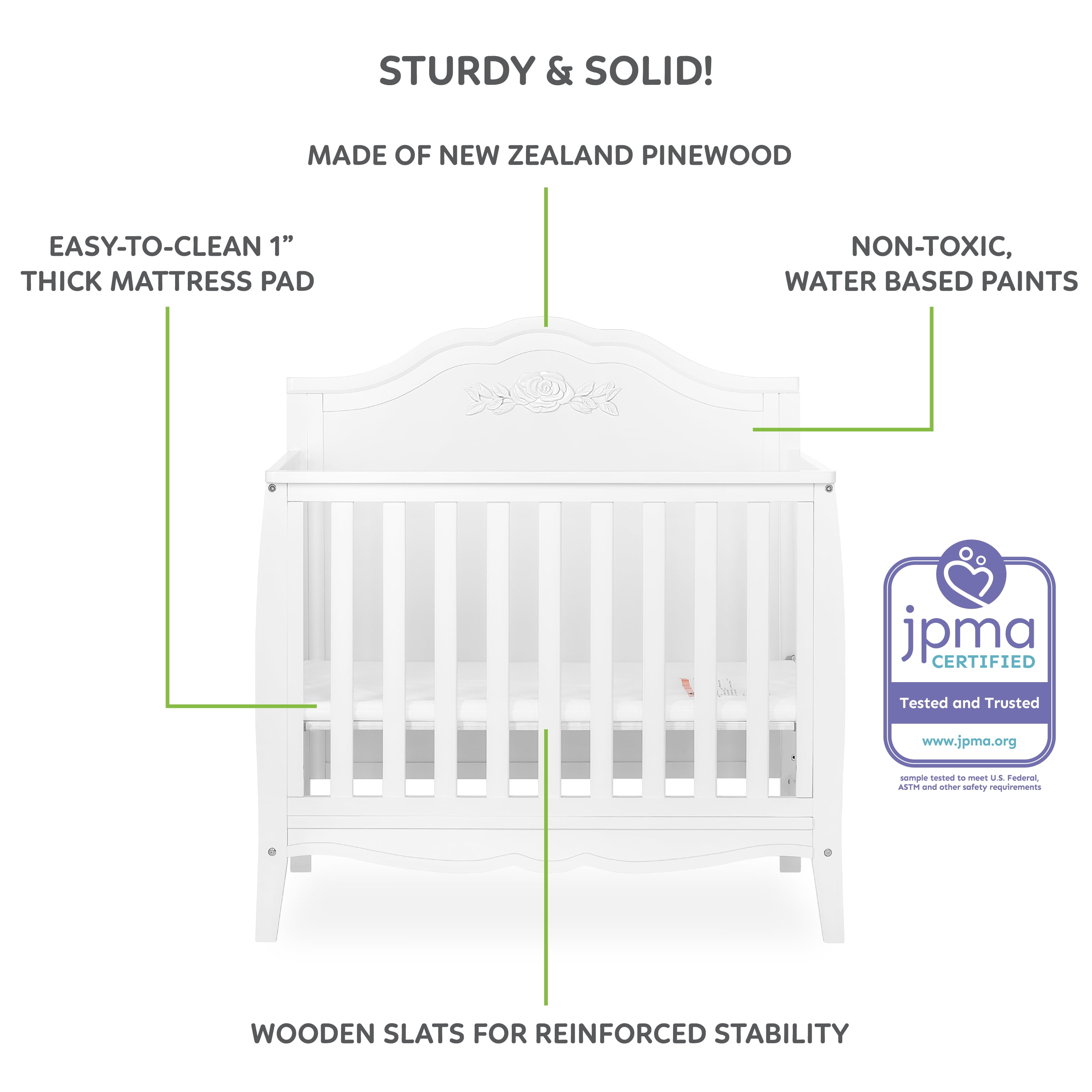 Dream On Me Jasmine 4-in-1 Convertible Mini Crib, New Zealand Pinewood, White