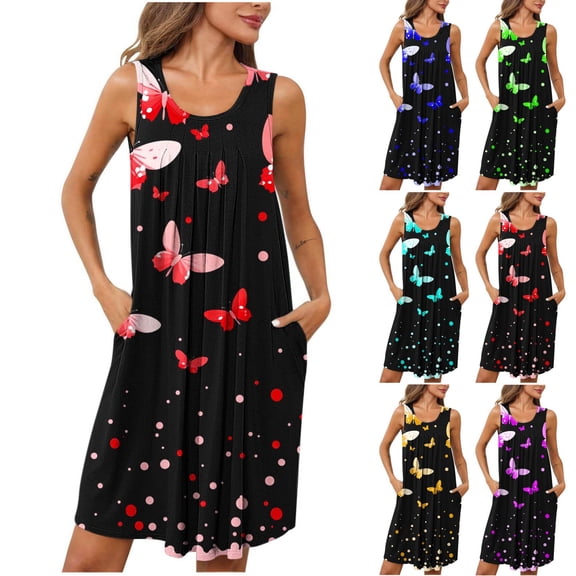 Night Gowns for Adult Women Women Print With Pockets Sleep Shirts Sleeveless Sleepwear Pleated Front Nightshirt Round Neck Nightdress Purple Xl