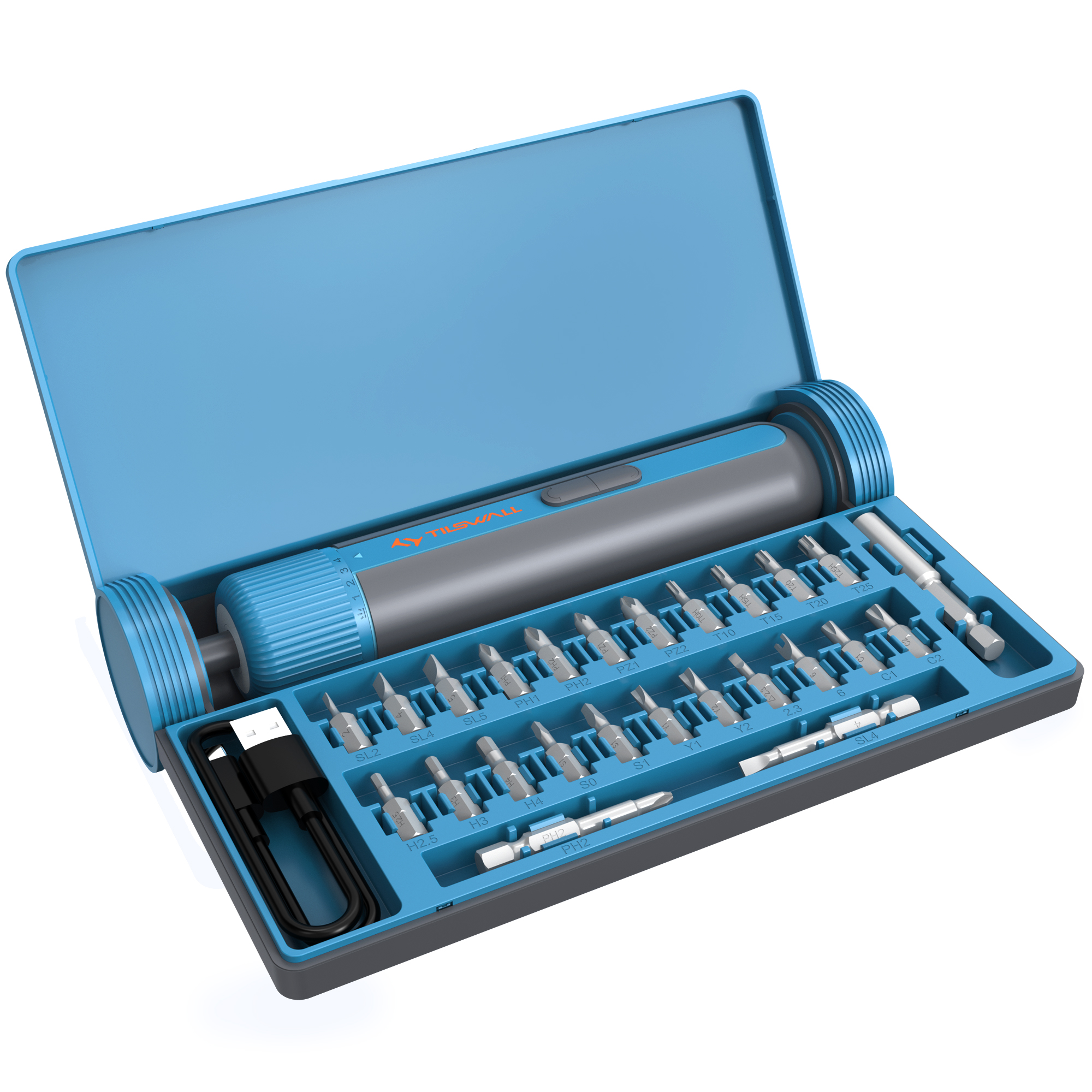 Tilswall 4V Cordless Electric Screwdriver, with LED Light, 25pc S2 Steel Bits, for Furniture, Electronics Repair, Blue