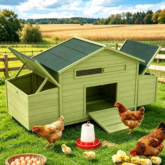 Aukfa 70" Large Chicken Coop Wooden 4 Nesting Boxes Chicken Cage for Outdoor, Backyard, Green