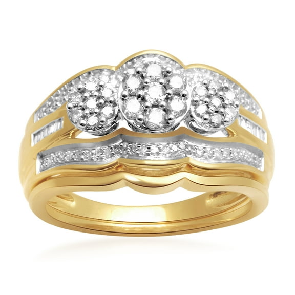 Forever Bride 1/2ct TW Round and Baguette Diamond 3 Stone Bridal Set, 10K Yellow Gold