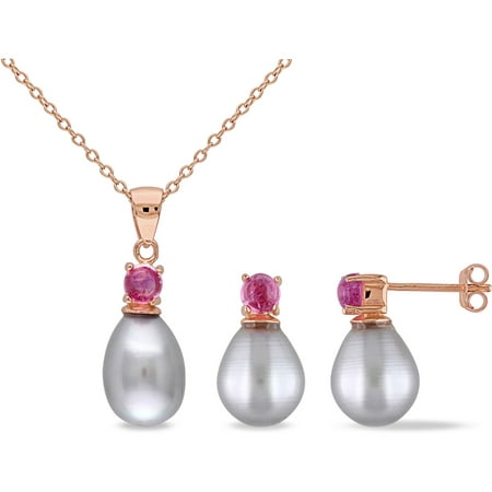 8.5-9mm Black Freshwater Pearl and 1 Carat T.G.W. Pink Tourmaline Pink Rhodium-Plated Sterling Silver Pendant and Earrings Set, 18