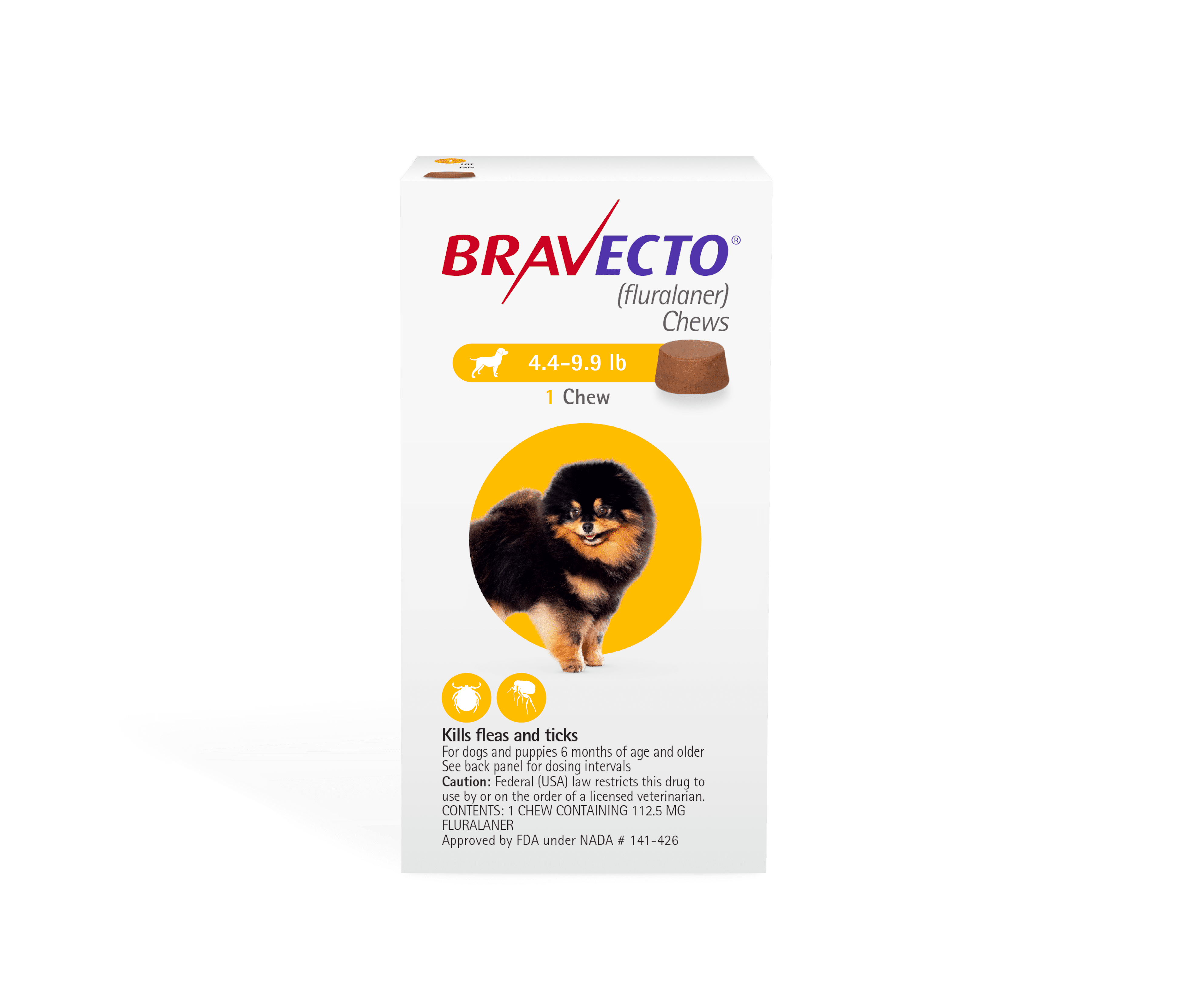 Bravecto (Fluralaner) Chews for Dogs, 4.4-9.9 lbs, (Yellow Box)