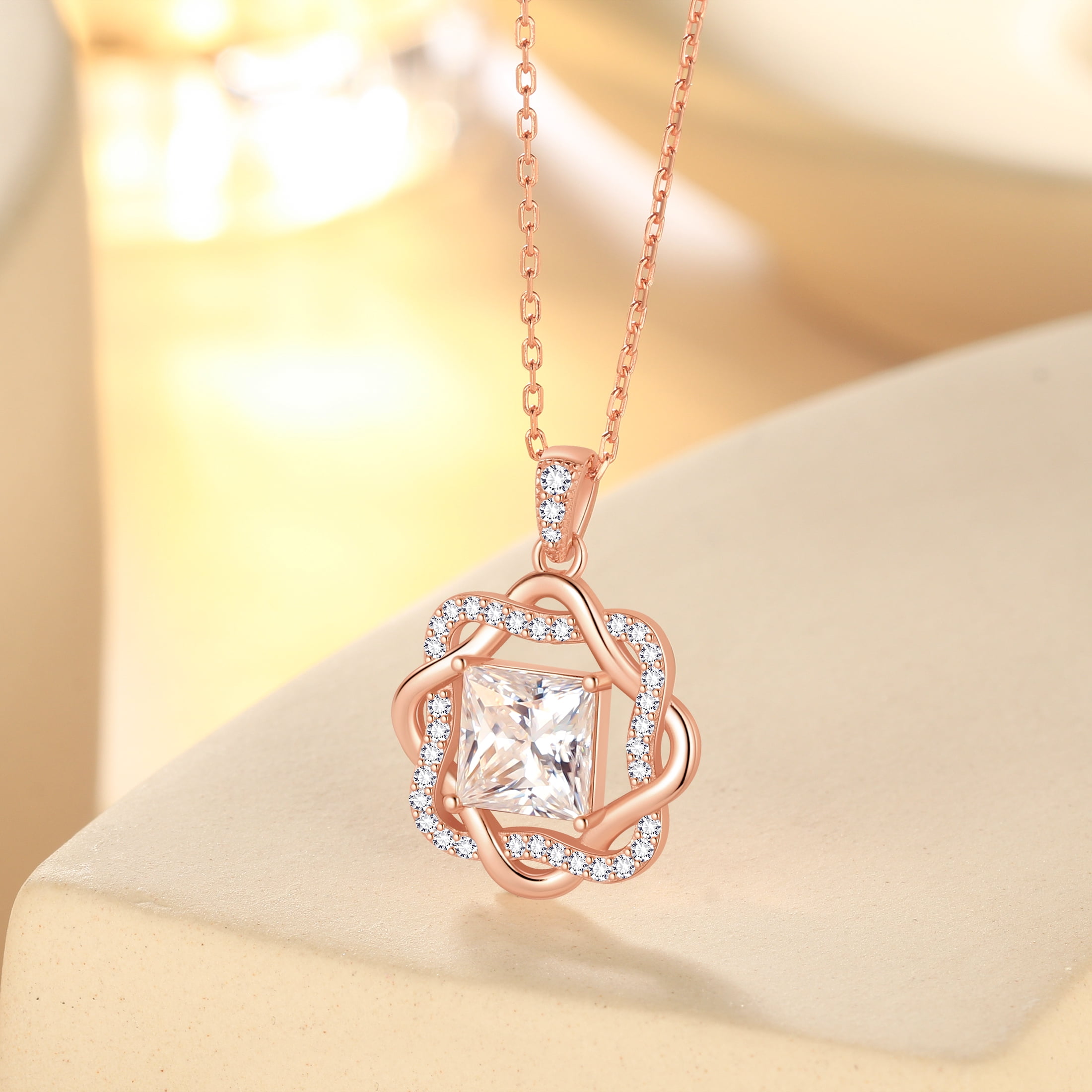 Beautlace Moissanite Necklace for Women,2 Carat D VVS1 Square Cut,Rose Gold Plated 925 Sterling Silver Starflower Pendant Jewelry Gift for Birthday Christmas Anniversary Wedding