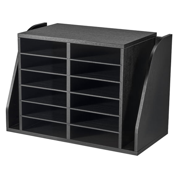 KFFKFF Literature Organizer with 12 Compartments and Side Vertical Storage, Wooden Mail Sorter Made of Particle Board, Countertop Organizer for Files, Documents, and Papers, Black
